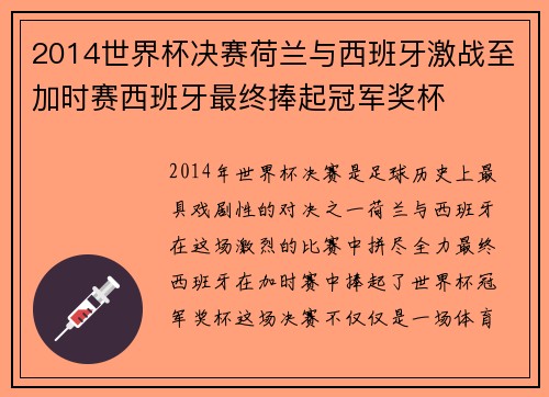 2014世界杯决赛荷兰与西班牙激战至加时赛西班牙最终捧起冠军奖杯